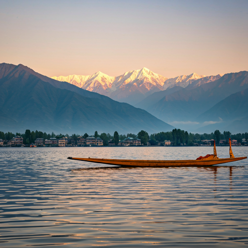 Dal Lake at sunrise with Shikara boats and snow-capped Himalayas