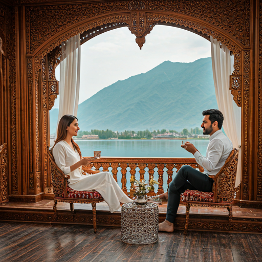 Couple enjoying luxury high-tea on a houseboat on Dal Lake